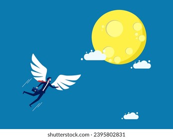 Business success. Businessman with angel wings flies to the moon