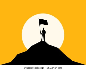 Business success. Businessman holding a victory flag on the mountaintop