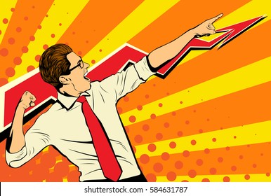 Business success businessman showing the top of the chart and screaming with joy. Retro style pop art. White adult male Caucasian