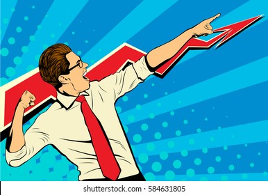 Business success businessman showing the top of the chart and screaming with joy. Retro style pop art. White adult male Caucasian