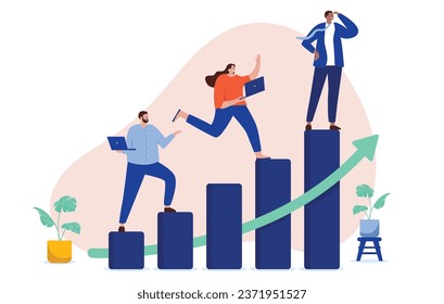 Business success - Businesspeople on rising diagram chart, smiling, cheerful and positive while looking forward at future progress. Growth and achievement concept, flat design illustration