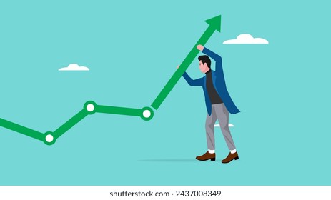 business success or career achievement with businessman carrying an arrow to make a financial growth graph, investment management to generate stock market value