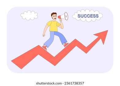 Business success and career growth concept. Young man is climbing to the top. Red arrow pointed up. Boy holding megaphone and announcing good news.