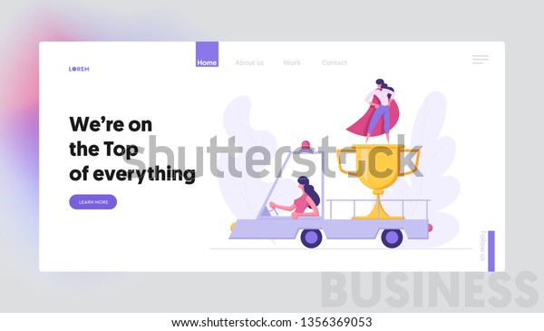 Business Success Career Growth Concept with\
Businesspeople Characters Driving Truck Car with Prize and Super\
Businesswoman. Landing Page Accomplishment for Website, Web Page.\
Flat Vector\
Illustration