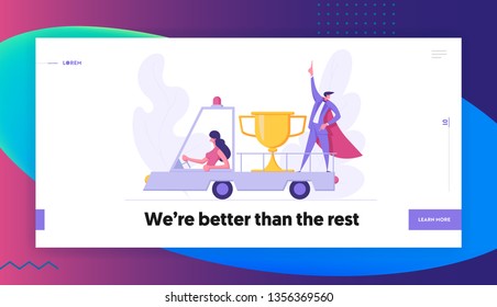 Business Success Career Teamwork Concept with Businesswoman Character Driving Car with Prize and Super Businessman. Landing Page with Progress, Achievement for Website, Web Page. Vector Illustration