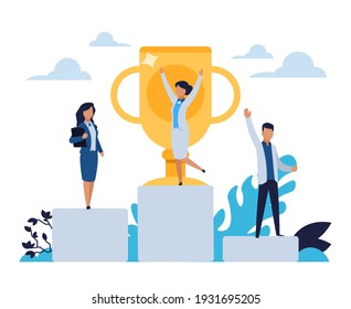 Business success. Cartoon people standing on winner stepped pedestal. Leadership concept. Characters achieve victory in competition. Happy workers with golden cup. Vector rewarding office employees - Shutterstock ID 1931695205