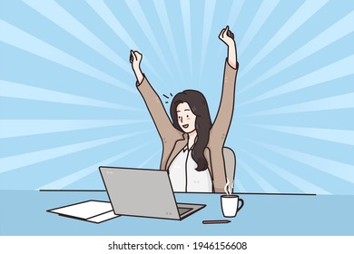 Business success, Celebrating win, positive emotions concept. Smiling happy business woman sitting in chair at desk using laptop celebrating win with hands raised over blue background illustration 