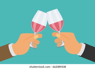 Business success celebration. Hands holding glasses. Flat vector.