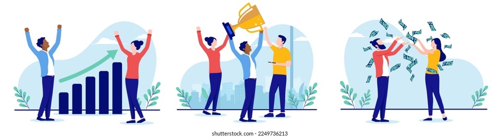 Business success collection - Set of vector illustrations with people winning, cheering, making money and being successful, flat design with white background