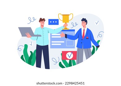 Business success color concept with people scene in the flat cartoon style. Two business man rejoice for the success of the company. Vector illustration.