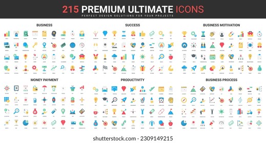 Business success color flat icons set vector illustration. Abstract symbols of business processes organization and productivity of employees, money payment simple design for mobile and web apps