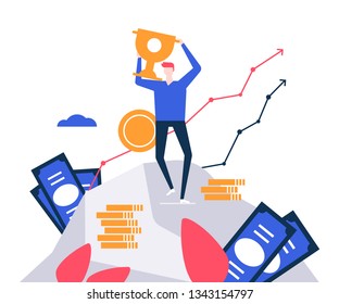 Business success - colorful flat design style illustration on white background. A composition with a male character, businessman standing on mountain, holding a trophy. Motivation, finance concept