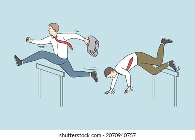 Business success and competition concept. Young positive man jumping over obstacle while another falling down feeling leader success vector illustration 