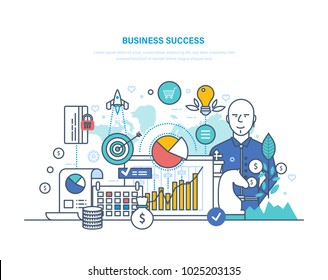 Business success concept. Achievement big profit, high goals, financial well-being, growth on career ladder. Success investment, leadership, growth in work, luck. Illustration thin line design.