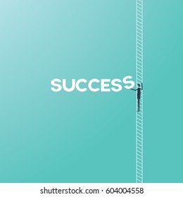 Business success concept with businessman climbing ladder vector cartoon. Corporate or career ladder growth and achievement symbol. Eps10 vector illustration.