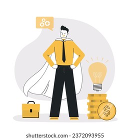 Business success concept. Businessman dressed like super hero standing near idea and pile of golden coins. Successful entrepreneur, achievement, business vision career goal. vector illustration