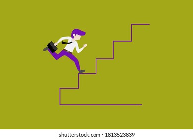 Business success concept. Businessman run up the stair to goal on yellow background.  