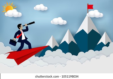 Business Success concept. Businessman standing on a plane paper looking with the telescope growth modern ideas And to achieve higher. Cartoon, illustration of sky with cloud and mountain. Vector