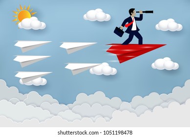 Business Success concept. Businessman standing on a plane paper  to  looking with the telescope growth modern ideas And to corporate goals. competing to destinations. illustration vector. paper art