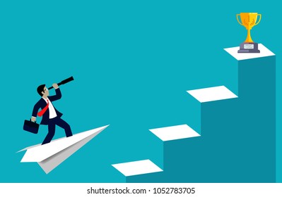 Business Success concept. Businessman standing on a plane paper looking with the telescope binoculars growth modern ideas And to achieve higher. Cartoon, illustration Vector