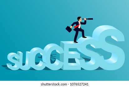 Business Success concept. Businessman standing on a text SUCCESS  to  looking with the binoculars growth modern ideas And to corporate goals. leadership. illustration. paper art