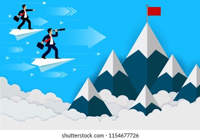 Business success concept. businessman standing on a plane paper looking with the telescope growth modern idea to achieve higher. leadership. vector illustration