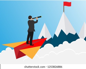 Business Success concept. Businessman standing on a plane paper looking with the telescope growth modern ideas And to achieve higher. Cartoon, illustration of sky with cloud and mountain. Vector
