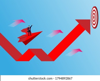 Business Success concept. Businessman standing on a plane paper looking with the telescope growth modern ideas And to achieve higher. Cartoon, illustration of sky with cloud. Vector
