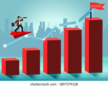 Business Success concept. Businessman standing on a plane paper looking with the telescope growth modern ideas And to achieve higher. Cartoon, illustration of sky with cloud and mountain. Vector

