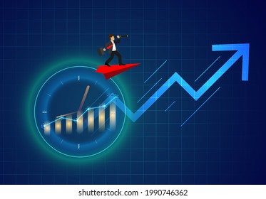 Business Success concept. Businessman standing on a plane paper looking with the telescope growth modern ideas And to achieve higher. Cartoon, illustration of sky with cloud and mountain. Vector
