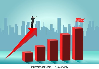 Business Success concept. Businessman standing on arrow looking with the telescope growth modern ideas And to achieve higher. Cartoon, illustration of sky with cloud and mountain. Vector
