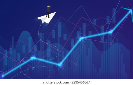 Business Success concept. Businessman standing on a plane paper looking with the telescope growth modern ideas And to achieve higher. Cartoon, illustration of sky with cloud and mountain. Vector
