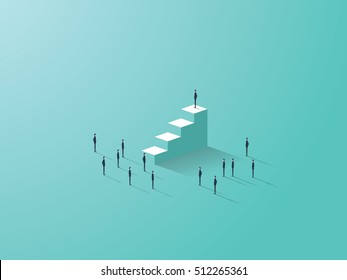 Business success concept with businessman standing on top of stairs, tiny businessmen around. Eps10 vector illustration.