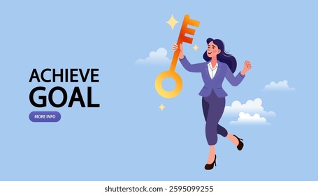 Business success concept with a businessman walking on a golden key as a bridge to success. Key to success metaphor, career growth, and leadership. Modern vector illustration.