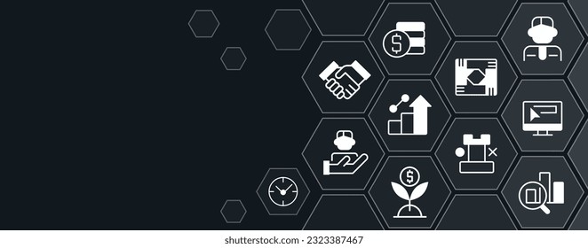 Business success concept design template with white glyph icons. Editable flat pictograms on abstract background with blank copy space. Vector illustration for ad, web banner, business presentation