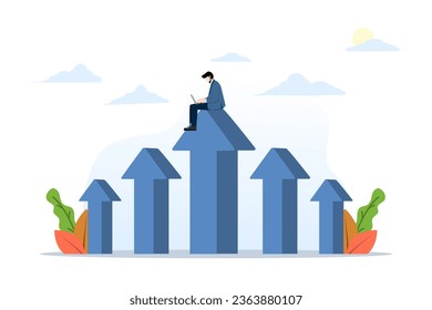 concepto de éxito empresarial, plan de desarrollo empresarial para la mejora, aumento de ingresos, crecimiento y logro, Empresario trabajando en flecha creciente, ilustración vectorial plana sobre fondo blanco.