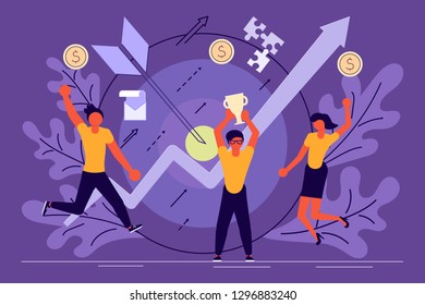 Business success concept in flat design. Team of young businessmen hold the prize and jump for joy. Flat Art Vector illustration