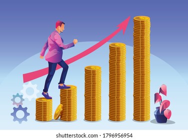 Business Success Concept, Business Growth Business People Are Climbing The Ladder Of Gold Coins The Next Step For Career Growth Arrows Growth Direction Successful Investment Profitable Business 

