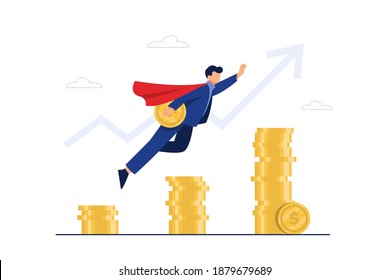 Business success concept, high-level flying businessman, reaching the peak of success with a gold medal.