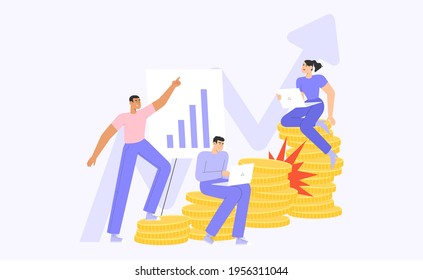 Business success concept illustrations. A team of people moving up the coins ladder. Business metaphor.