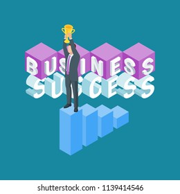 Business success concept. Image of a businessman holding the winning cup above his head. Highly detailed vector illustration of isometric objects