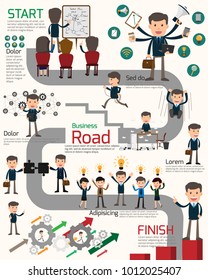 Business success concept infographics elements. businessman show activities or workflow on roadmap. cartoon vector illustration. teamwork, start up business, partnership, leadership.