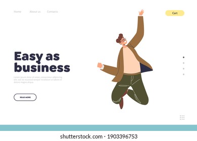 Business success concept of landing page with happy smiling businessman jumping. Cartoon business man celebrating victory. Young male character cheering to success. Flat vector illustration