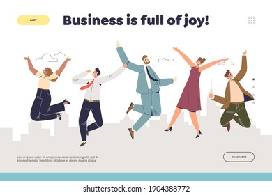 Business success concept of landing page with group of businesspeople jumping celebrating success. Happy business team colleagues excited to victory. Cartoon flat vector illustration