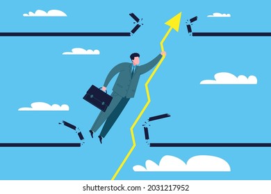 Business success concept. A lucky businessman breaks the financial ceiling, hits the top, holding on by the sales chart arrow as a symbol of growth in profits, stocks or investments