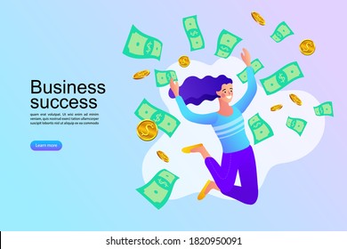 business success concept. Marketing online. Money rain illustration. The woman jumping under the falling money. Vector illustration in flat style.