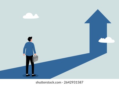 Business success concept to the next level. Businessman standing in front of an arrow symbol pointing up
