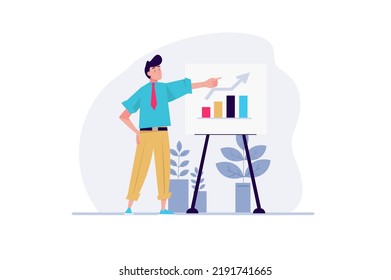 Business success concept with people scene in the flat cartoon style. Manager follows the development of the business plan using the data in the diagram. Vector illustration.