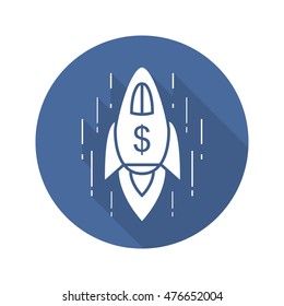 Business success concept. Spaceship flat design long shadow icon. Rocket ship with dollar sign. Vector silhouette symbol