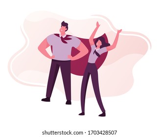 Business Success Concept. Successful Manager or Businessman Character Wearing Super Hero Cloak Stand with Arms Akimbo, Woman Rejoice. Corporate Leadership Team Work. Cartoon People Vector Illustration